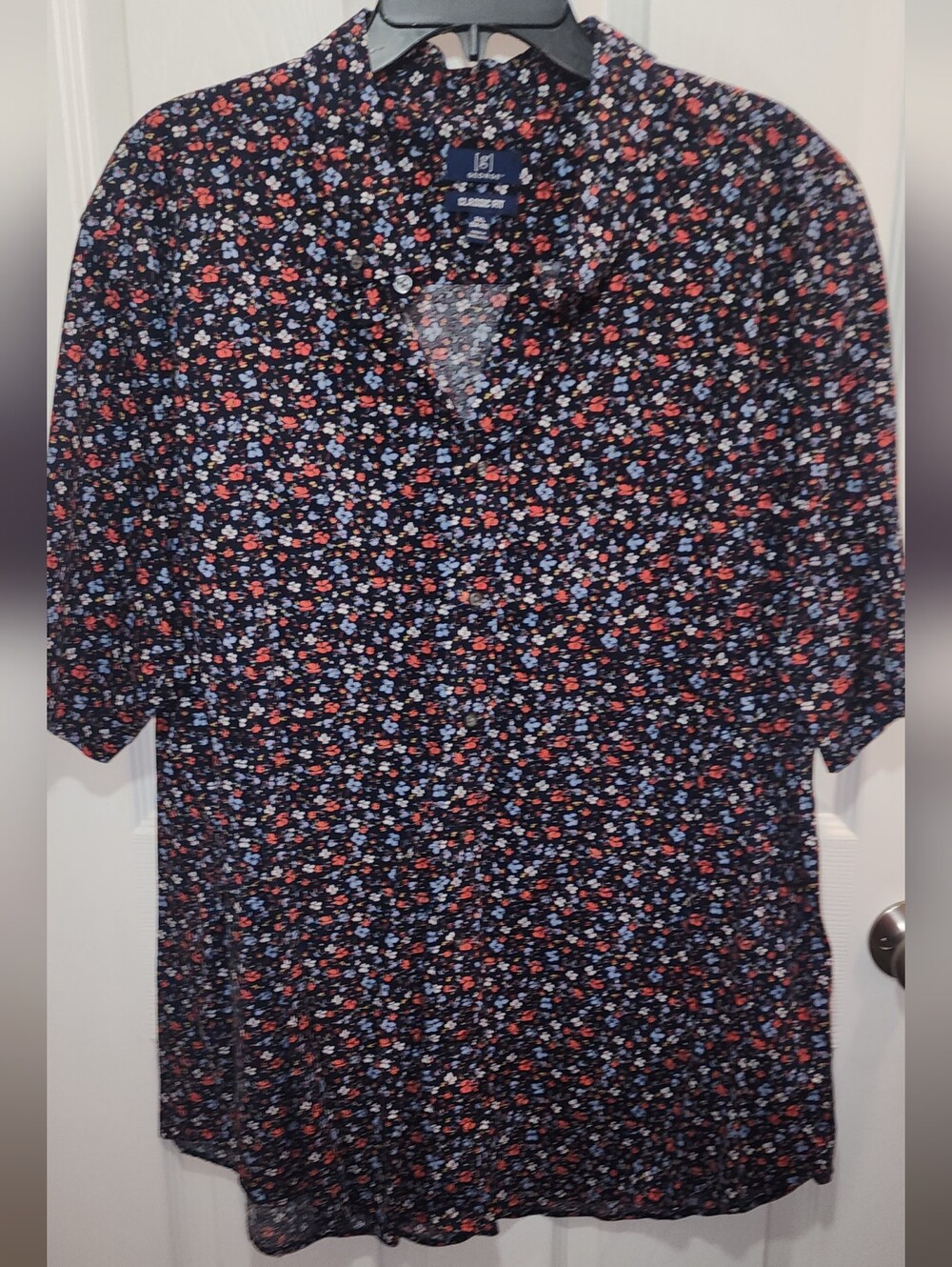 George Navy Floral Short-Sleeve Blouse with Red & Light Blue Flowers